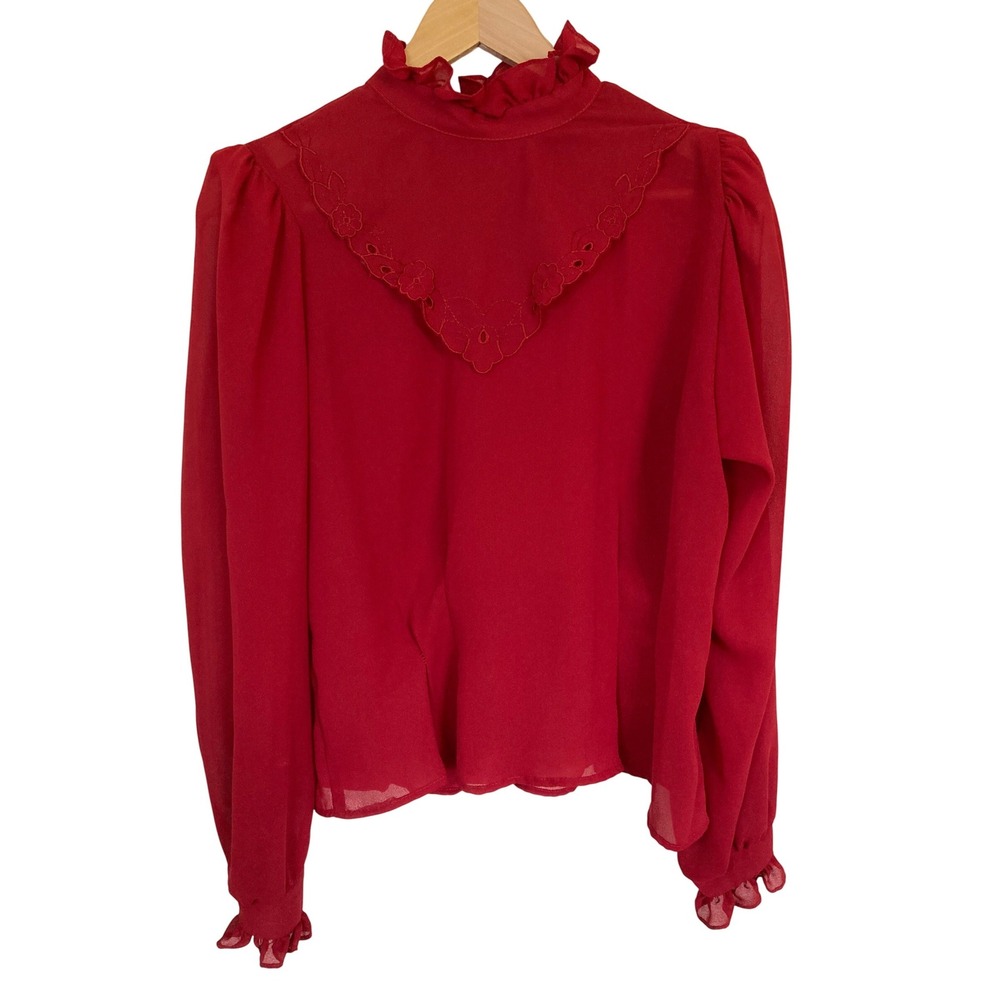 One Sixty Six Red Chiffon Blouse Vintage Victorian Ruffle Neck Embroidered Top M